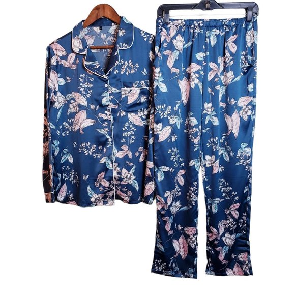 Unbranded Other - Womens Blue Silk Floral Sleepwear Long Sleeve Pajama Set Size Medium